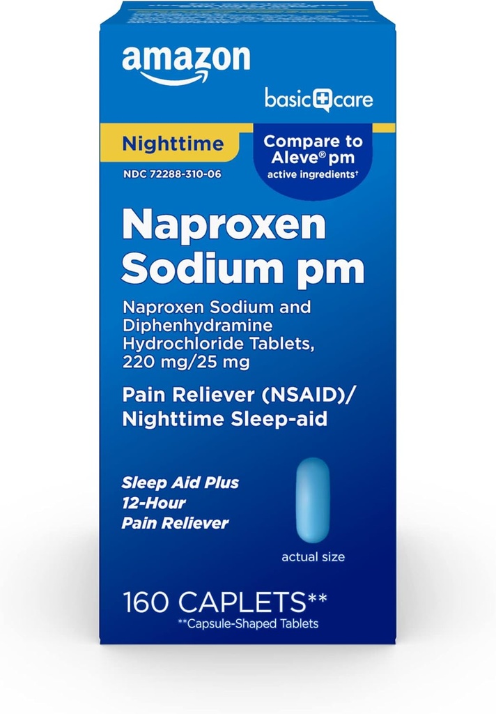 טיפול בסיסי כל הלילה כאב ראש, Naproxen Sodium, 220 מ"ג / דיפנולאמין hydrochloride, 25 מ"ג טבליות, כאב Reliever / Nighttime Sleep-Aid, 160 Count Count