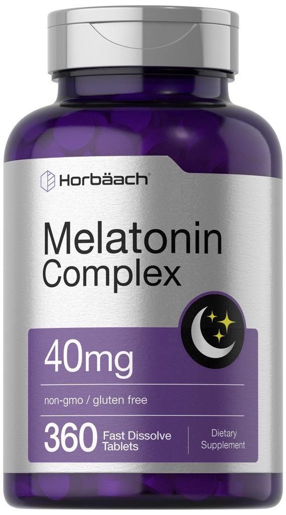 Horbäach Melatonin 40 מ"ג מורכב | 360 טבליות מלוטש מהיר | תוסף למבוגרים | עם Chamomile ו Ashwagandha | Vegetarian, non-GMO, Gluten Free Free