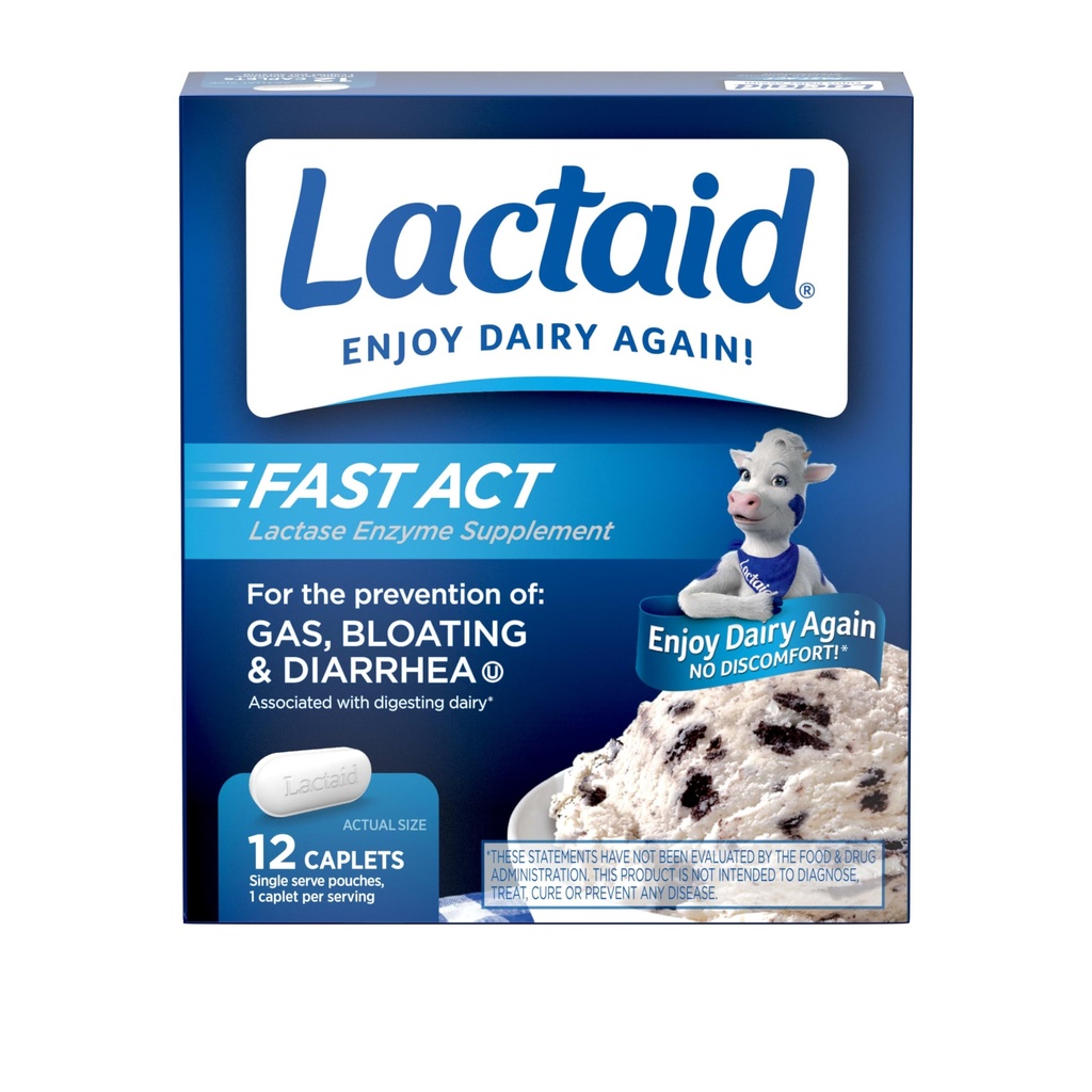 Lactaid Fast Act Lactose Intolerance Caplets עם Lactase Enzyme כדי למנוע גז, Bloating & Diarrhea בשל Lactose Sרגישות, אידיאלי עבור נסיעות & על- The-Go, 12 חבילות של 1-Count