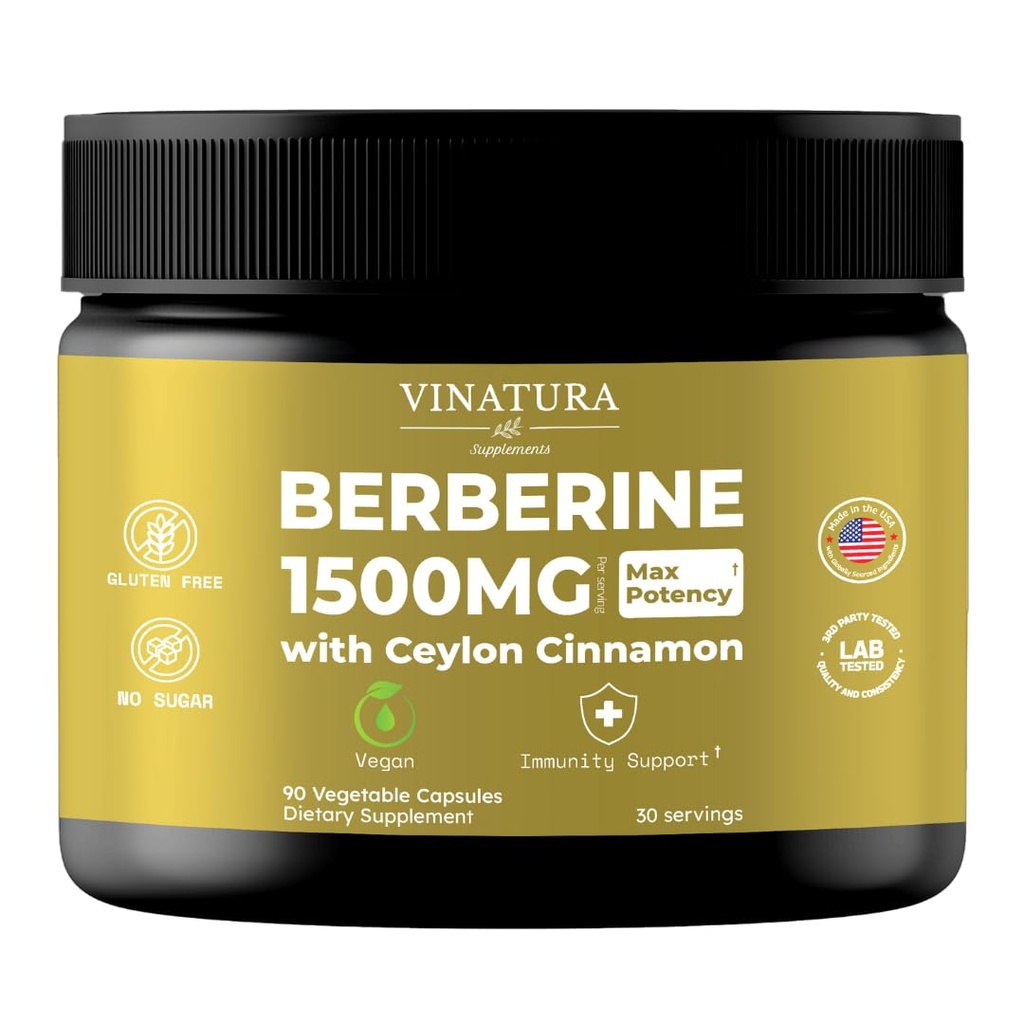 VINATURA Berberine 1500 מ"ג - תוספת ברברין עם Ceylon Cinnamon, Max Potency Berberine HCL - 90 קפסולות