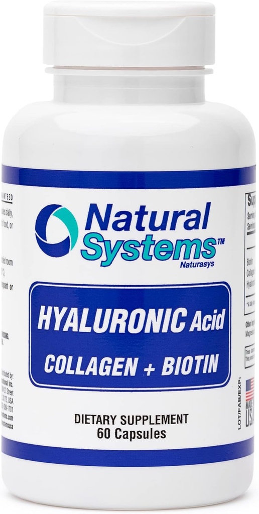 Hyaluronic Acid Plus Collagen ו- Biotin 60 קפסולות על ידי מערכות טבעיות - Acido Hialuronico קפסולות עבור Absorption משופרת - Acid hydroulic Hyaluronic Acid תוספת עבור העור - עור חזק, שיער, ציפורניים, ריחות