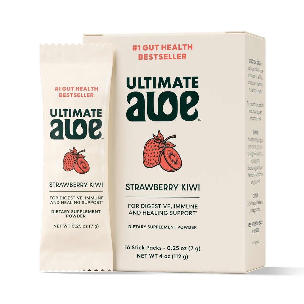 אבקת Aloe האולטימטיבית - Strawberry Kin Flavor, תומך בבריאות העיכול, מערכת החיסון וריפוי רגיל, Aloe ב ערכות אבקה קונסטרוקנט, 16 Packets, Gluten-Free, טבעוני, non-GMO