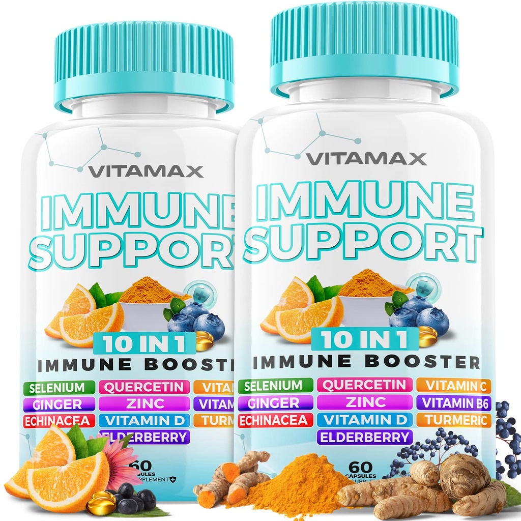 10in-1 Immune Support with Elderberry, D3, Selenium, Quercetin, Zinc, ויטמין C, ג'ינג'ר, Turmeric Curcumin, B6, Echinacea - Immune Defense - Made in USA (60 Count (Pack of 2).