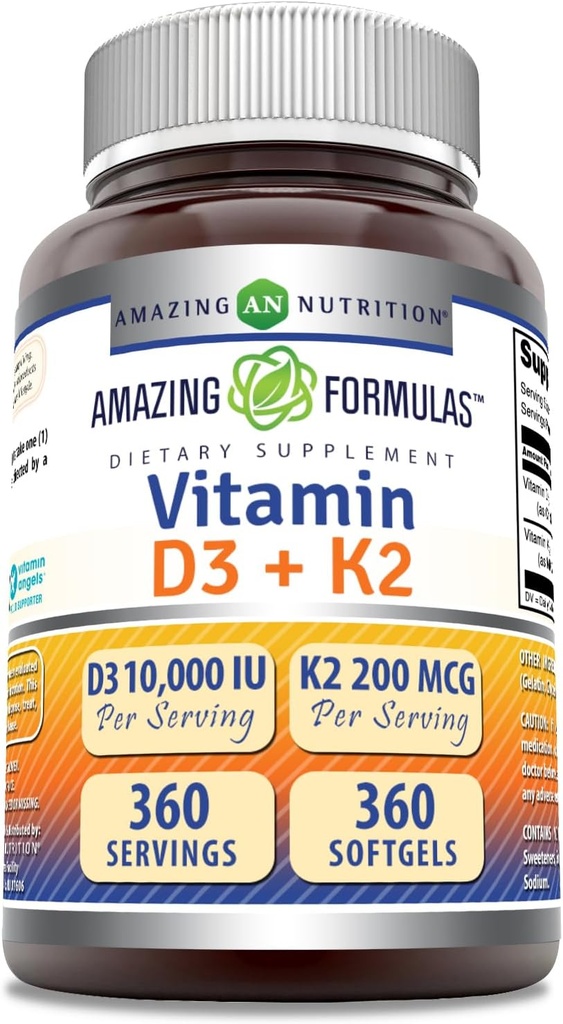 פורמולה מדהימה ויטמין D3 10000 IU עם ויטמין K2 200 Mcg | D3 + K2 מורכב תוסף | Non-GMO | Gluten-Free | Made in USA (1 Pack, 360 Count)