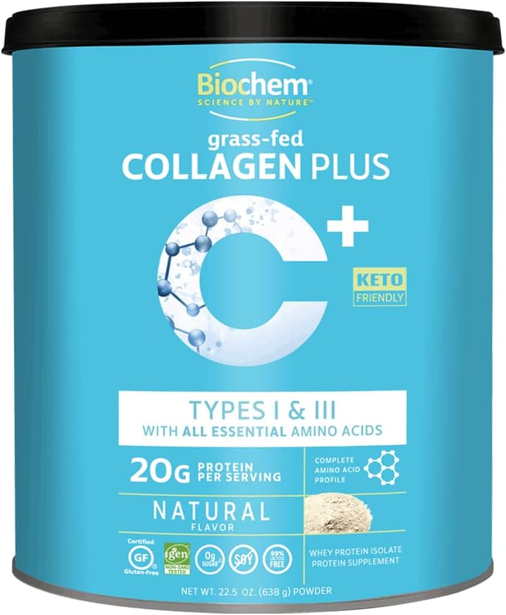 biochem Collagen Plus חלבון - 1.4lb - Natural Flavor - 20g של אבקת חלבון קולג'ן - מקדם שיער, עור, ריח, משותף ועצם בריאות - Amino Acid - Keto-Friendly - Soft Tissue Support