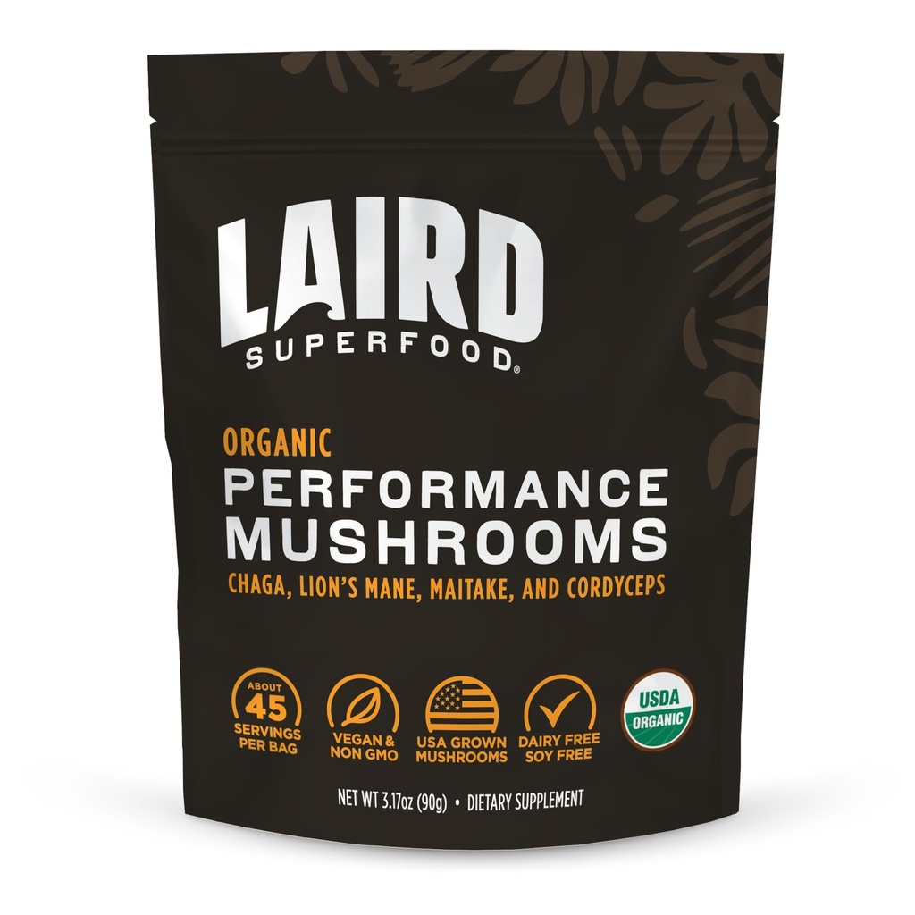 Laird Superfood ביצועים אורגני Mushroom עם Chaga, Cordyceps, Lion's Mane ו Maitake עבור אנרגיה וקוגניציה, 3.17 oz. חבילה של 1