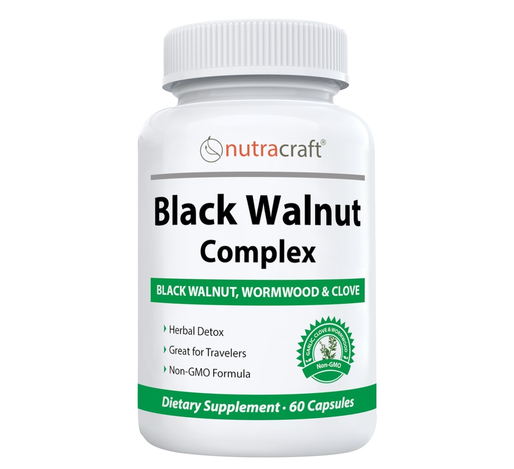 Nutracraft Black Walnut Detox Cleanse תוסף | Black Walnut, Wormwood, Clove, PAU D'Arco, Pumpkin Seed, Garlic, Zinc | Intestinal Guard for Humans | 60 קפסולות