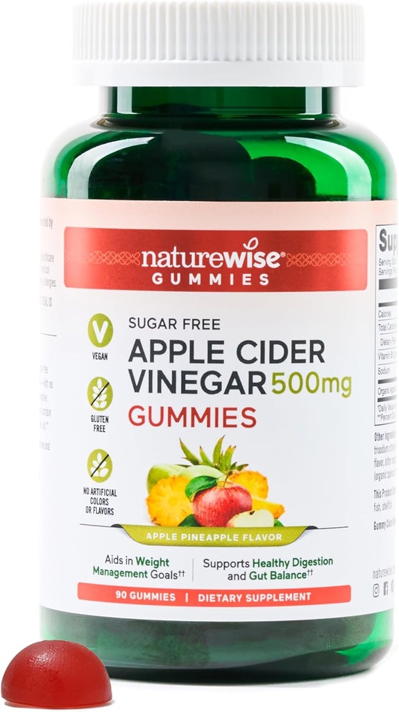 NatureWise Apple Cider Vinegar ACV Gummies - 1000 מ"ג ACV לכל 2, Sugar Free, Vegan - Energy & Gut Health - ACV Gummies W/Vitamin B12-90 חניכיים[1.5-Month אספקה עבור 1000 מ"ג / 3 מונטה אספקה עבור 500 מ"ג]