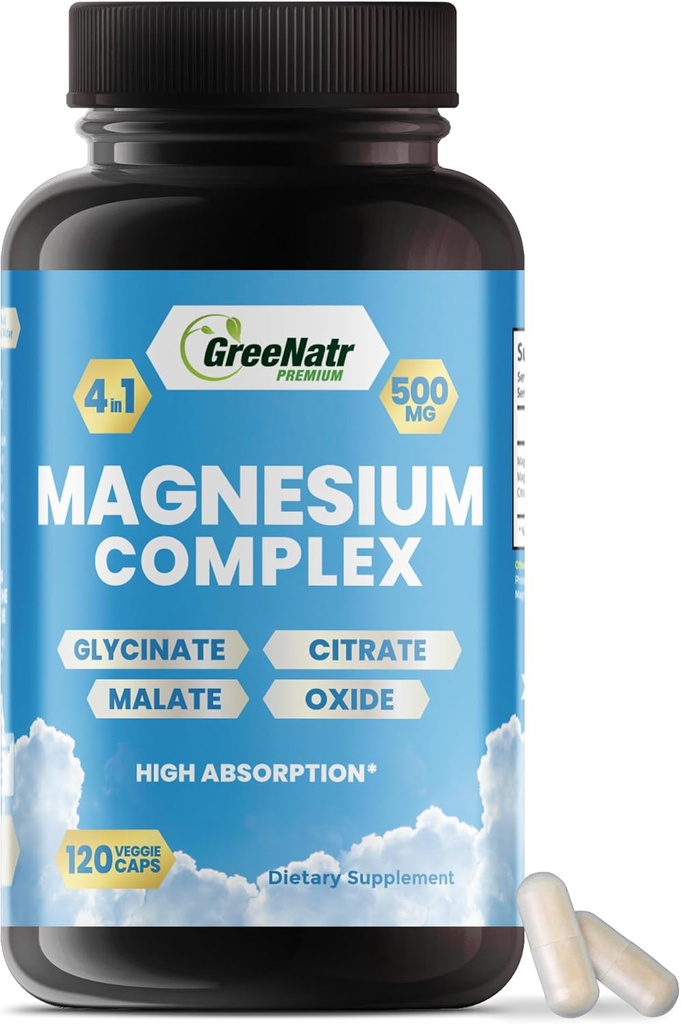 GreeNatr Magnesium Complex Supplement - Magnesium Supplements with Glycinate, Citrate, Malate & Oxide - Magnesium Tablets for Digest, Sleep, Heart Health, & Energy - מגנזיום ויטמינים 120 ספירות