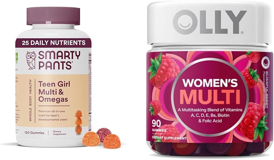 SmartyPants Teen Girl Multivitamin Gummies with אומגה 3 שמן דגים, ויטמינים D3, C, B12, B6, A, K, Zinc & OLLY נשים מסטיקמי עם ויטמינים A, D, C, E, Biotin, Folic Acid, Bri Flavor, Bri Flavor