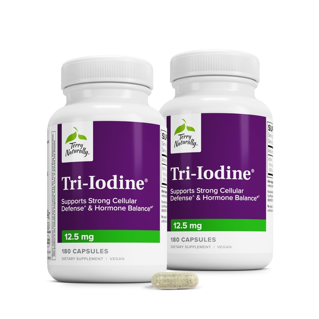 טרי-Iodine - עזרה לבריאות Thyroid עם Potassium Iodide & Sodium Iodide - סיוע הורמונלי איזון עם מולקולרית Iodine מ Kelp - Brain & Energy Support - 12.5 מ"ג, 180 קפסולות (Pack of 2)