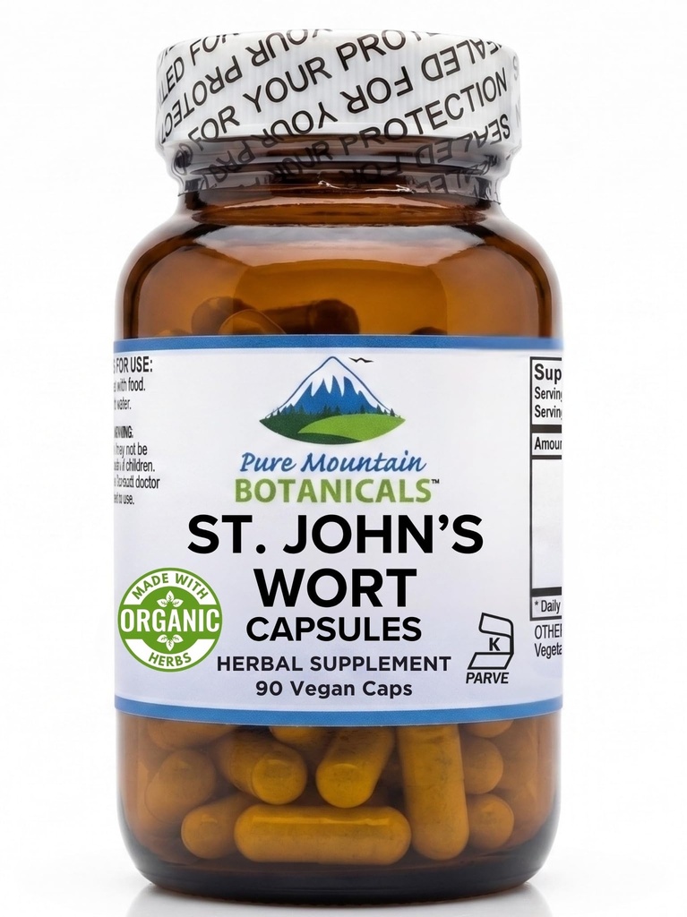 Pure Mountain Botanicals St. John's Wort כמוסות עם 450 מ"ג פורמולה של צמח אורגני ו- St John's Wort לחלץ תוסף