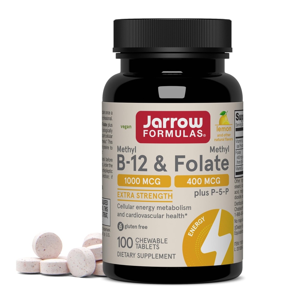Jarrow Formulas Methyl B-12 1000 MCG ו-Methyl Folate 400 MCG, תוספת כוח, אנרגיה סלולרית מטאבוליזם ו- Cardiovascular Health Formula(1) עם P-5-P, 100 טבליות צ'וות, עד 100 יום אספקה אספקה אספקה אספקת חשמל