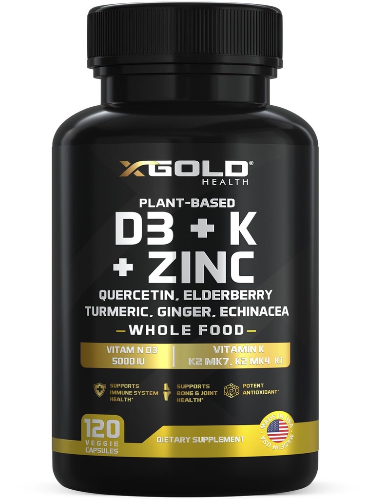 ויטמין D, K2, K1, Zinc, Quercetin, Elderberry, Turmeric, ג'ינג'ר ו-Echinacea Whole מזון תוסף 8 ב 1-D3 5000 IU Plant- Based from Lichen, ויטמין K2 MK7, MK4, K1), D3 K2 ויטמינים -120 קפסולות