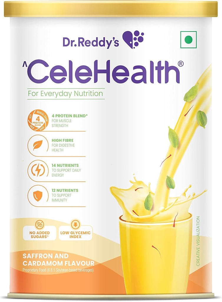 ד"ר Reddy's Celehealth Nutritional drink, תוסף חלבון לשימוש יומיומי, אינדקס נמוך Glycemic, Zero הוסיף סוכר, Saffron ו Cardamon Flavour, 400g,Yellowlow