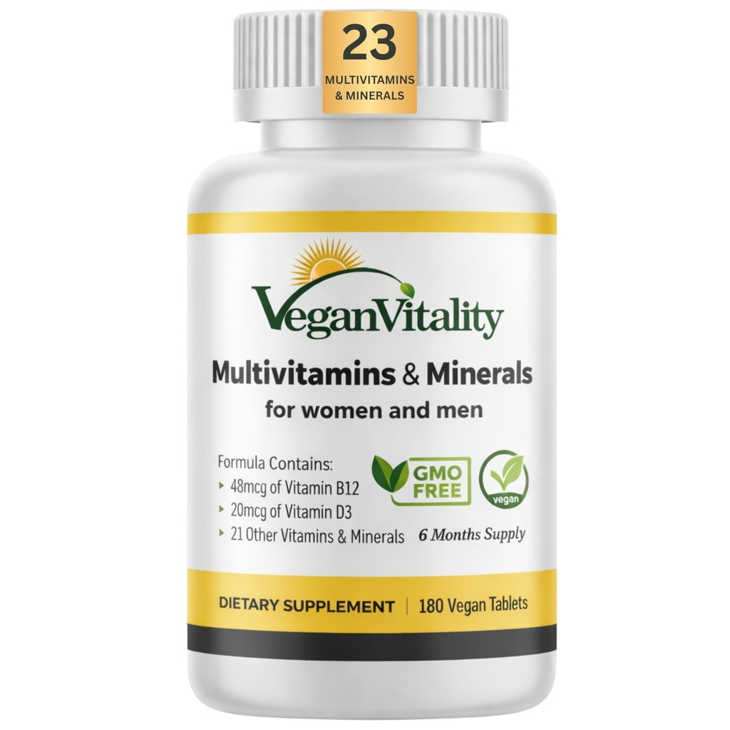 Vitality Multivitamins & מינרלים לנשים וגברים עם ויטמין חזק B12, D3 & K2. 180 טבעוני Multivitamin טבליות - 6 חודשים אספקה. ויטמינים עבור טבעונים וצמחונים