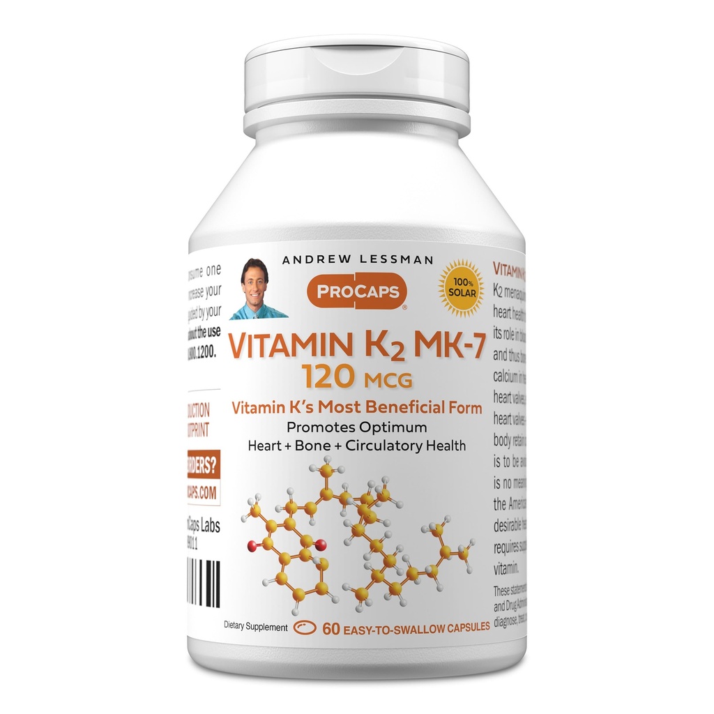 ANDREW LESSMAN ויטמין K2 MK7 120 mcg 60 Softgels - Essential for Healthy Calcium Utilization, מקדם אופטימוס Skeletal, Heart and Arterial Health. אין תוספות. קל ל-Swallow Softgels