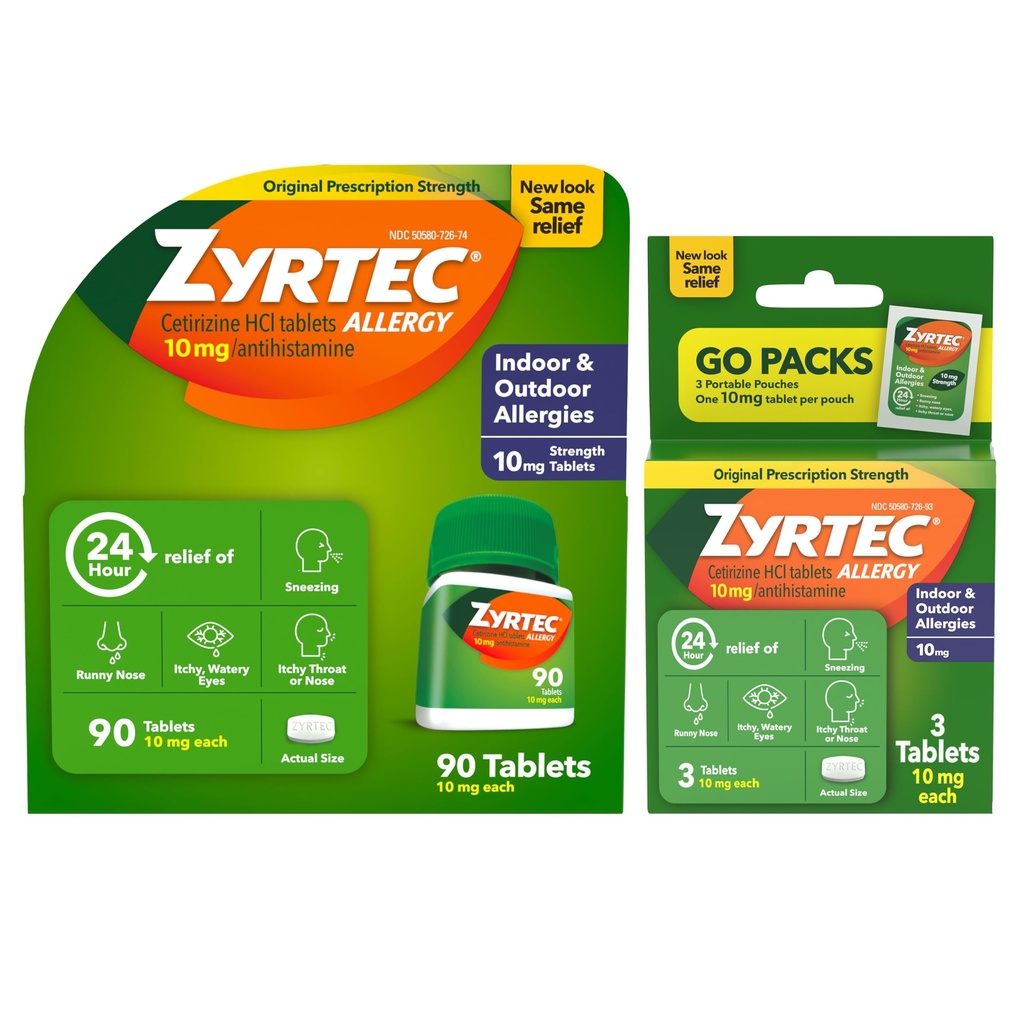 Zyrtec 24 Hour Allergy Relief Tablet, Indoor & חיצונית Allergy Medicine עם 10 מ"ג Cetirizine hydrochloride Antihistamine, ערך Bundle של אחד, 90 ctבק & Three, 1 ct Travel Packs