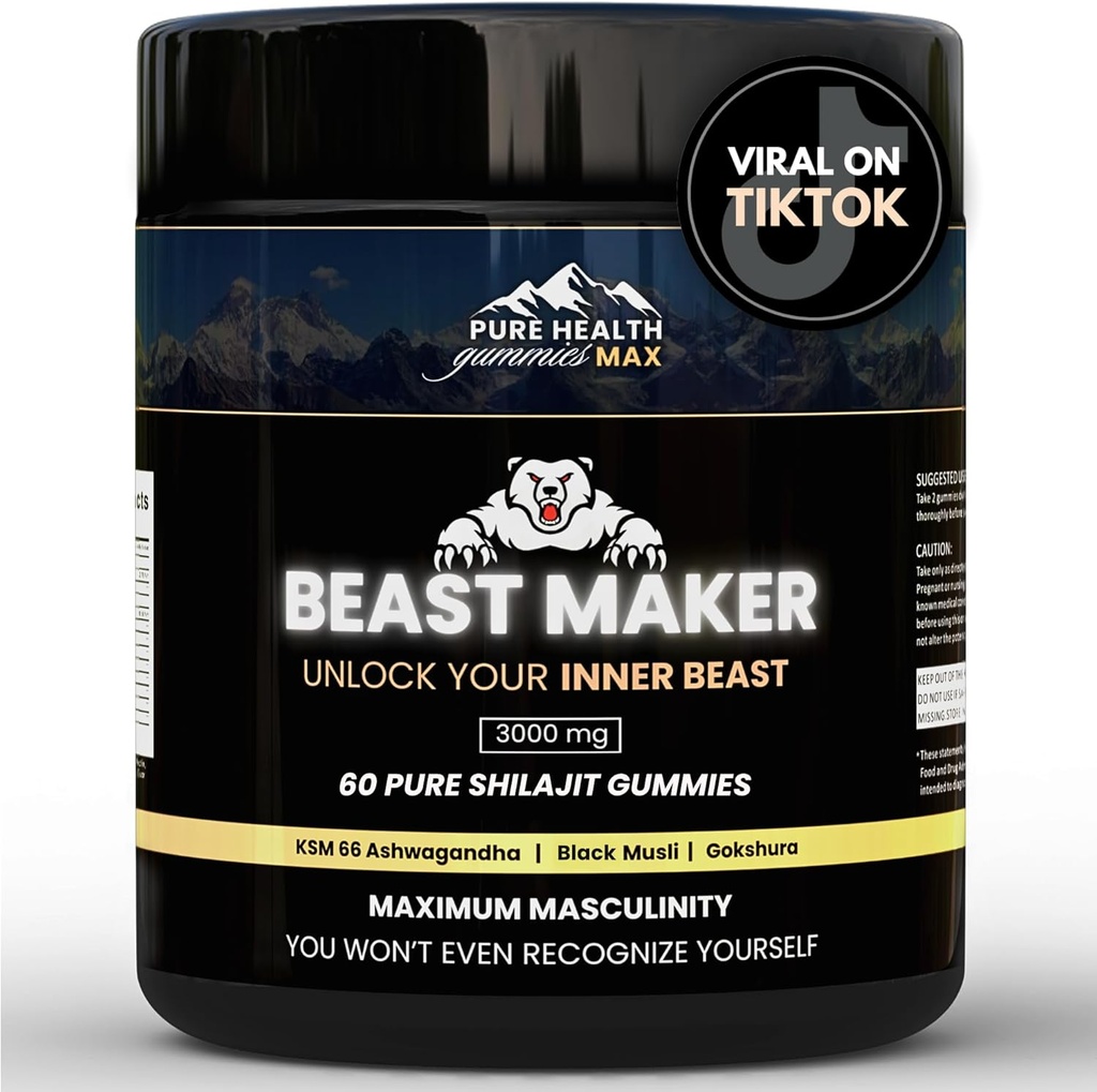 Beast Maker - Pure Shilajit Gummies for Men | Natural Himilayan Organic Shilajit Authentic Male Enhancement תוספת עם Ashwagandha, Black Musli, Gokshura | 60 חניכיים