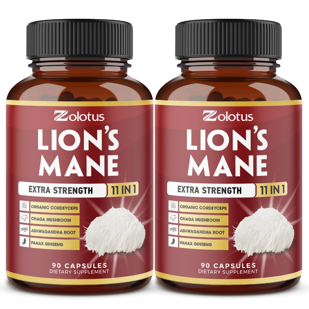 Zolotus 2 Packs 90 קפסולות Lions Mane Mushroom, 6 חודשים אספקה עם Cordeyceps, Reishi, Ashwagandha, Focus, Memory and Brain Support, Immune Support, Energy Pills