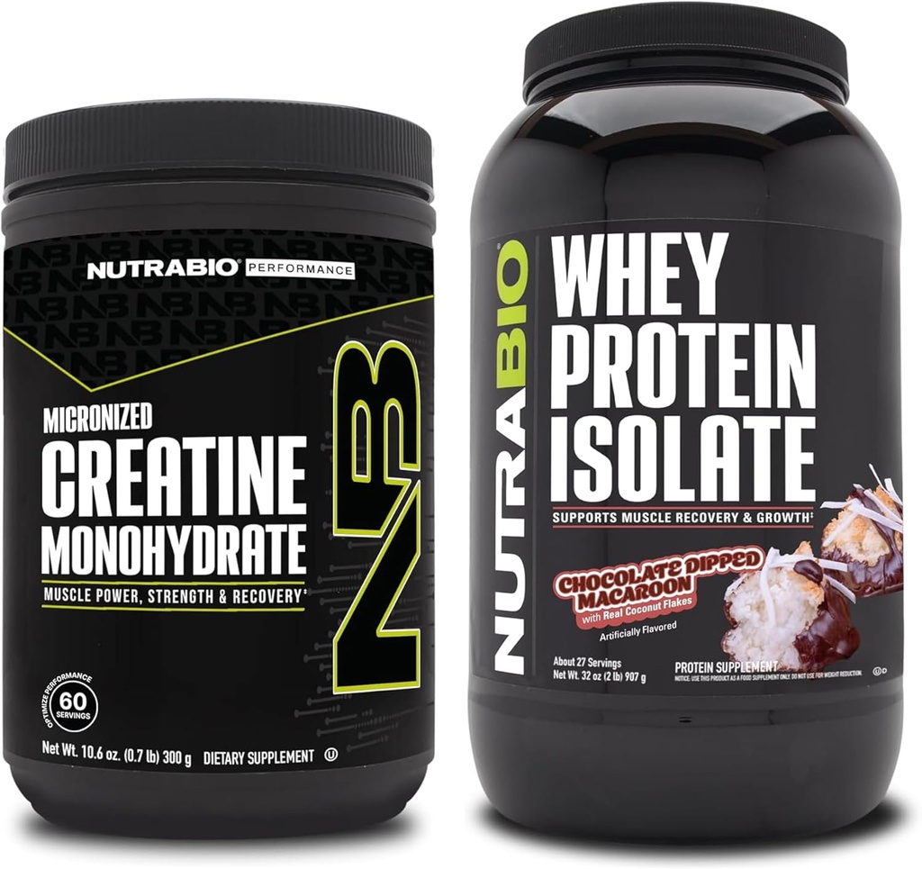 NutraBio Creatine Monohydrate, Unflavored, 300g ו Whey חלבונים Isolate, שוקולד Dipped Macaroon, תוסף Bundle - שריר אנרגיה, צמיחה שריר Lean, התאוששות וכוח