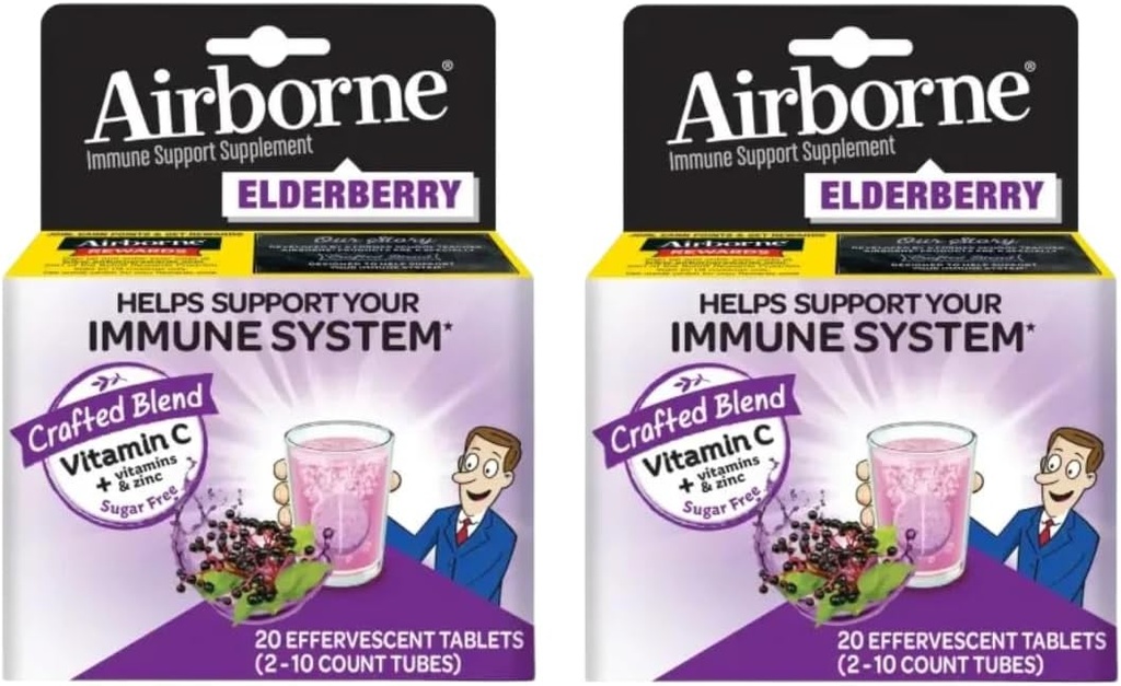 Elderberry לחלץ + ויטמין C 1000 מ"ג (perשרת) - טבליות Effervescent (20ct), תוסף תמיכה ללא תשלום, עם ויטמינים A C E, ZINC & Selenium, סוכר חינם (pack של 2)