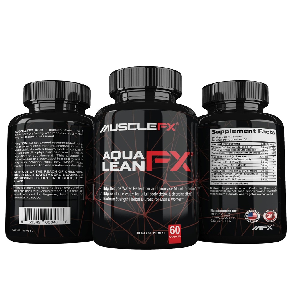 AquaLean FX כוח מקסימלי Diuretic Water Away Pills for Water Retention and Lean שריר Defination for Men and Women, 60 קפסולות