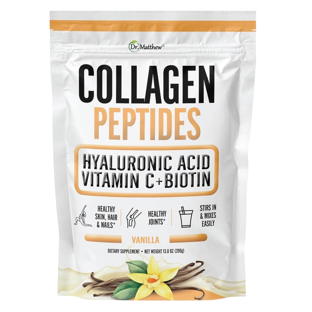 Dr. Matthew Vanilla Collagen חלבון אבקת עם Hyaluronic Acid, ויטמין C ו- Biotin לשיער, Skin, Nails, Joint. קיטו, סוג 1 ו 3.
