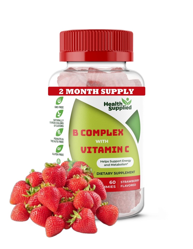 Strawberry Flavored ויטמין B Complex Gummies - B Complex with ויטמין C - תומך מערכת העצבים ורמות אנרגיה Boosts - מסייעות עם פונקציונליות קוגניטיבית - גדול Tasting וקל ל Swallow