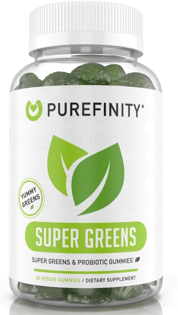 PUREFINITY Daily Super Greens Gummies with Spirulina, Spinach, ברוקולי, Beet Root, Acai, וירקות אחרים, All-in-One Veggie - Non-GMO, Gluten Free, טבעוני, 60 הרוזן