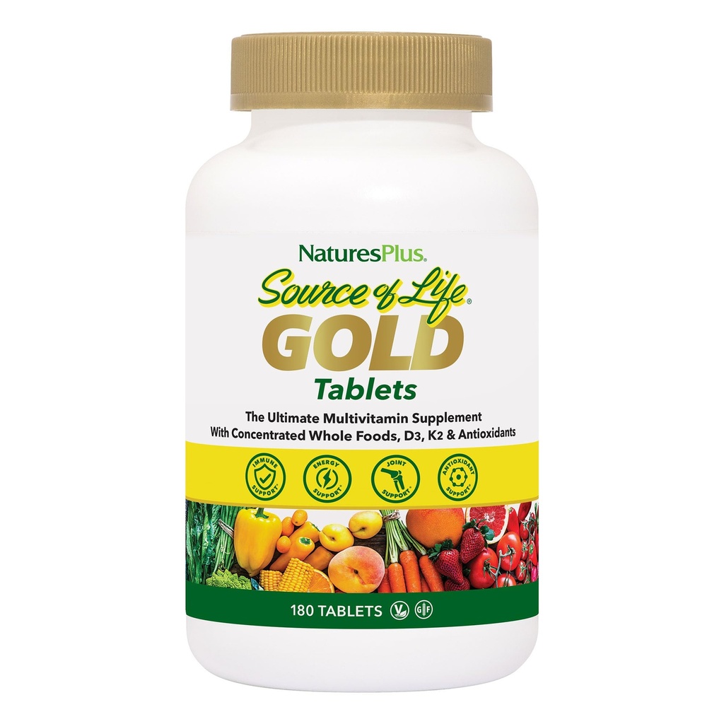 NaturesPlus Source of Life Gold Multivitamin - 180 טבליות - עם ויטמינים D3 & B12 - Blood, Bone & Immune Support - Vegetarian & Gluten Free - 60 משרתים