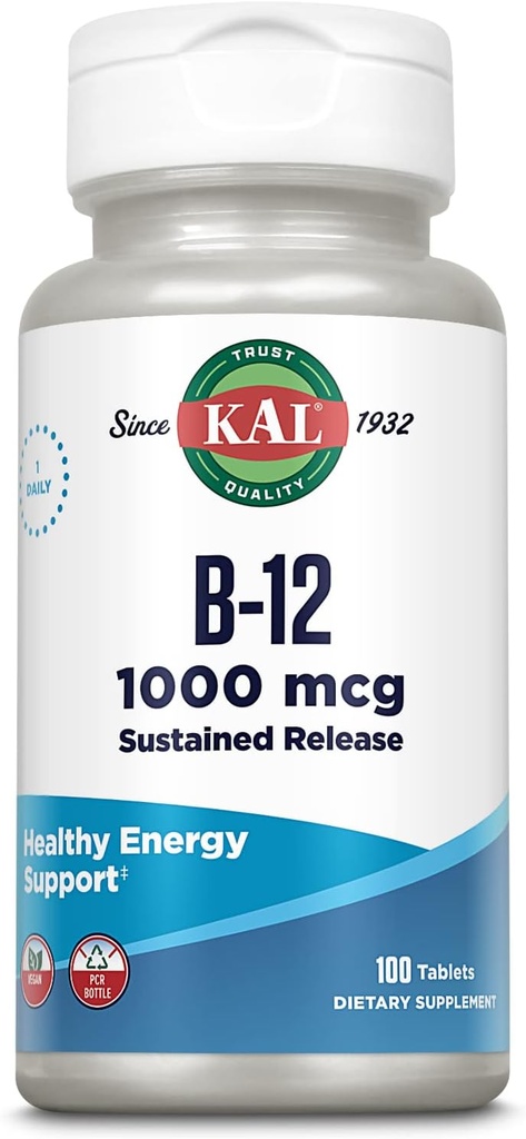 ויטמין B12 1000mcg, Sustained לשחרר תוספת לאנרגיה בריאה, Metabolism, Heart Health, Nerve ו Red Blood Cell Support, Long-Lasting Formula, טבעוני, 100 משרתים, 100 טבליות