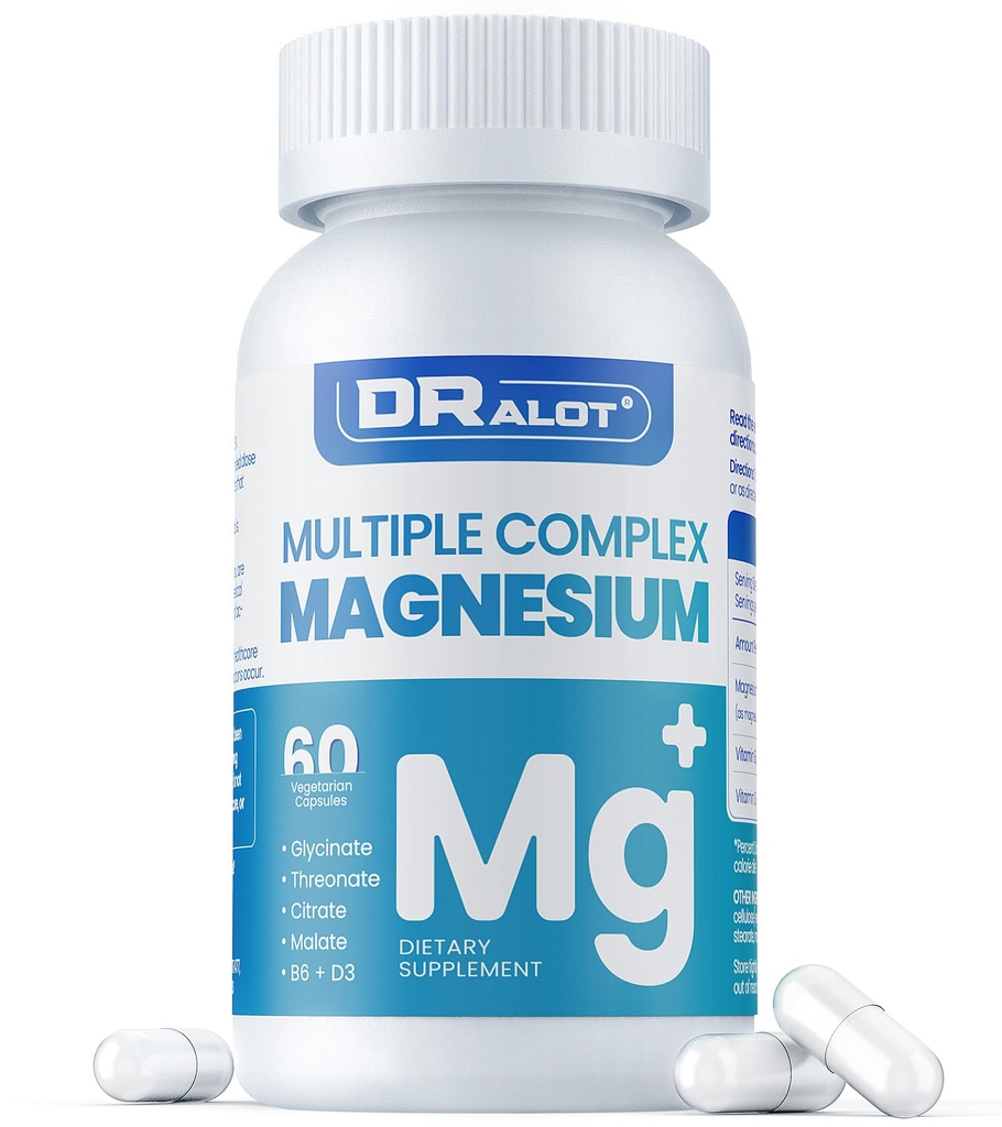 Quadruple Magnesium תוסף, 400 מ"ג של Chelate Magnesium Glycinate, L-threonate, Citrate & Malate | Max Absorption Complex w/Vitamin D3 & B6, עבור שרירי שינה לב מתוחים, non-GMO, 60 טבעונים קפיטלים