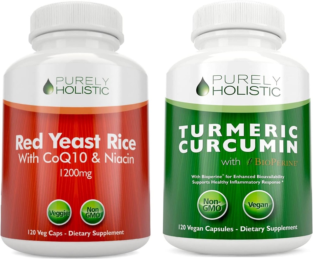 Red Yeast Rice 1200mg & Niacin + אורגני Turmeric Curcumin 700mg & Bioperine המספק 95% Curcuminoids - 240 קפסולות צמחוניות