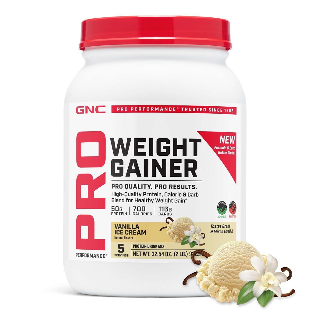 GNC Pro Performance Weight Gainer חלבון אבקה, 50 גרם חלבון, קלוריות גבוהה, 700 קלוריות, תומך במסה ושיקום שרירים, MCT, BCAA, צד שלישי נבדק, וניל Ice Cream, 6 משרתים, 2.5 lbs, 2.5 lbs