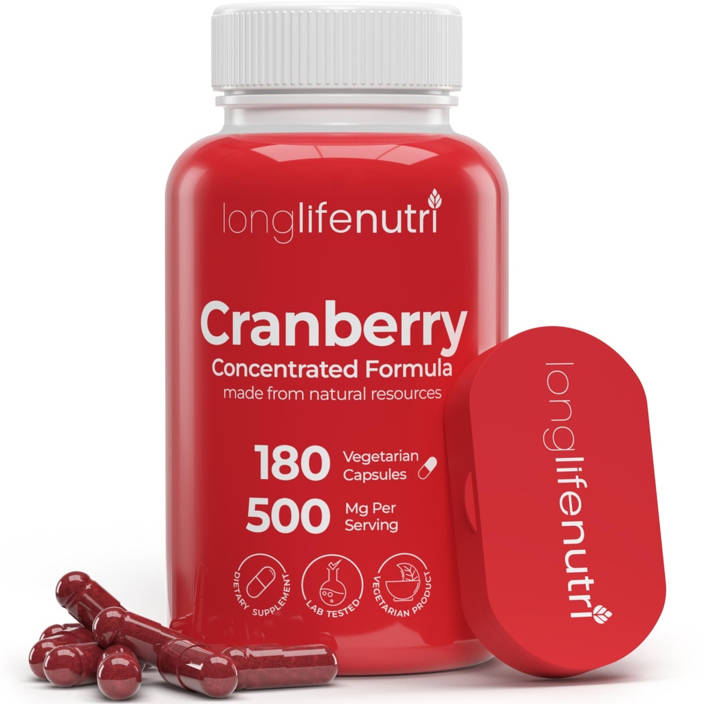 LongLifeNutri Cranberry פלט עם ויטמין C & E - פורמולה טהורה, 500 מ"ג לשרת, 180 קפסולות צמחוניות, Urinary Tract Health & Bladder, 6 חודשים אספקה, מיוצר בארה"ב