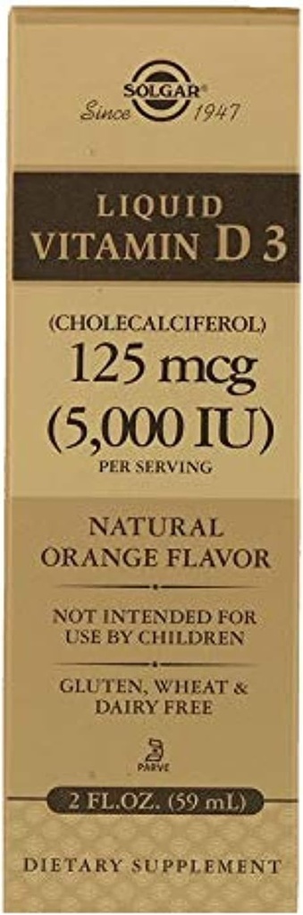 ויטמין נוזלי Solgar נוזלי D3 125 mcg (5,000 IU) - 2 fl oz - טעים, כתום טבעי פלאפור - עוזר לשמור על עצמות בריאות ושיניים - תמיכה במערכת החיסון - Gluten Free, חלב, כשר - 59 משרתים
