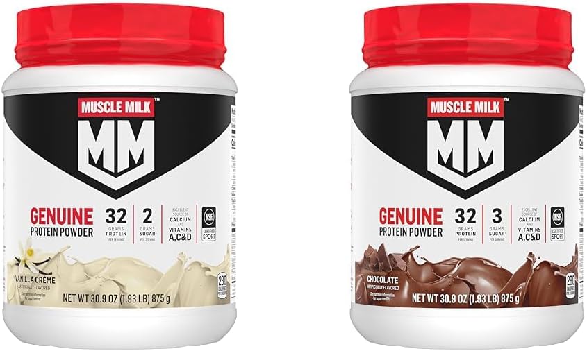 אבקת חלבונים שריר Genuine אבקת בנדל, Vanilla Crème 1.93 פאונד 12 לשרת 32g חלבון 2g סוכר ושוקולד 1.3 פאונד 12 לשרת 32g חלבון 3g סוכר