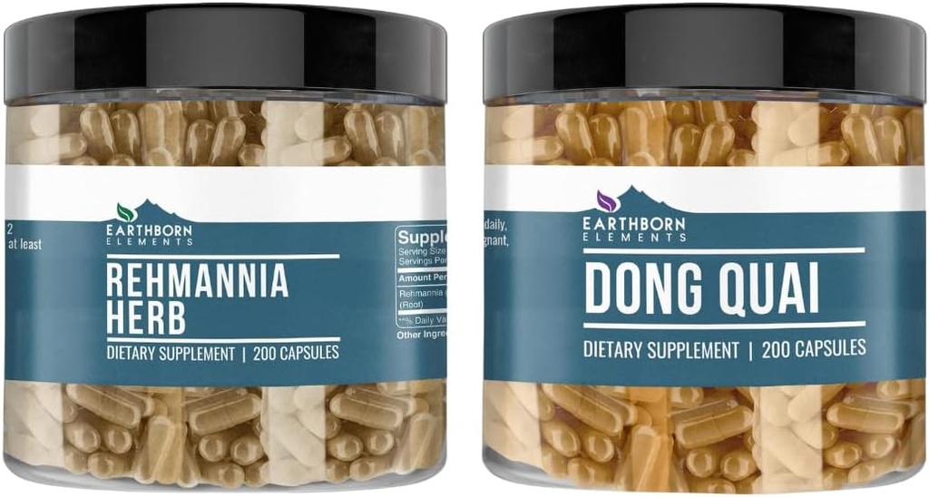 יסודות Earthborns Rehmannia Herb ו Dong Quai Bundle, 200 קפסולות כל אחד, Pure & Undiluted, ללא תוספת