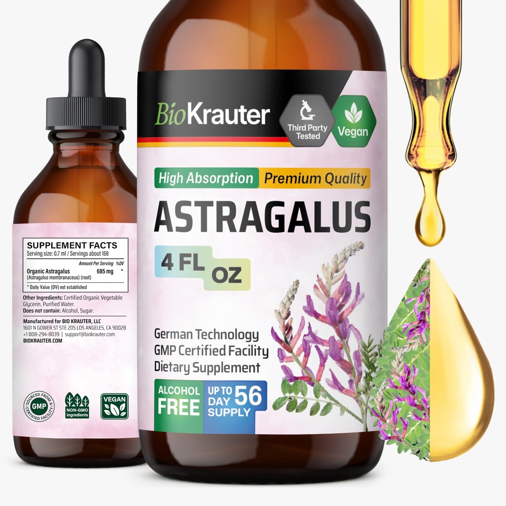BIO KRAUTER Astragalus Tincture - Astragalus Root Extract for Immune Support - אלכוהול וסוכר חינם - High Absorption - טבעוני טיפות 4 Fl.Oz.