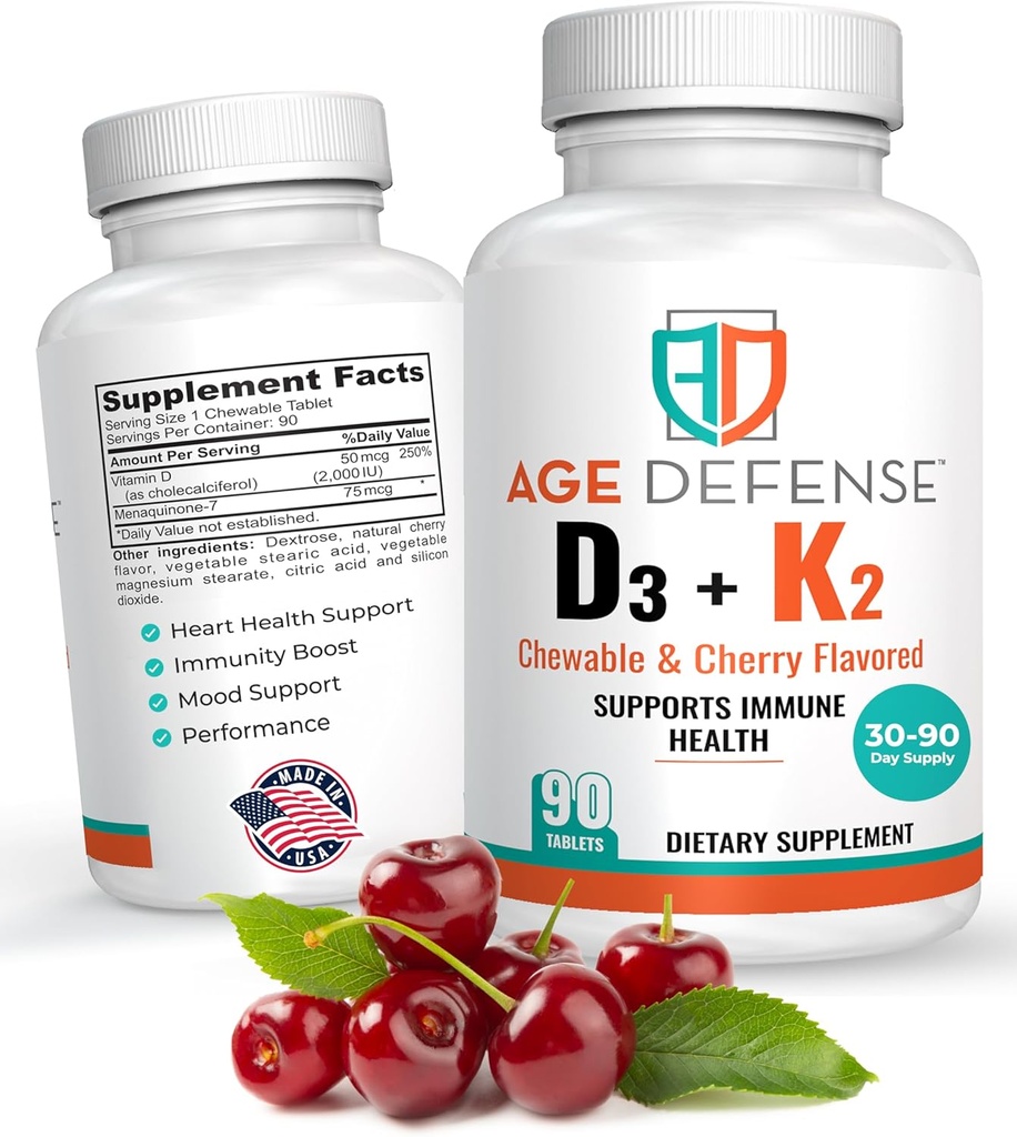 ויטמין D3 2000 IU עם K2-90 טבליות Chewable עם Cherry Flavoring-Natural Energy Booster-Supports Vitality, Immune Health, ו-Vitamin D3 עם ויטמין K2 עבור גברים ונשים