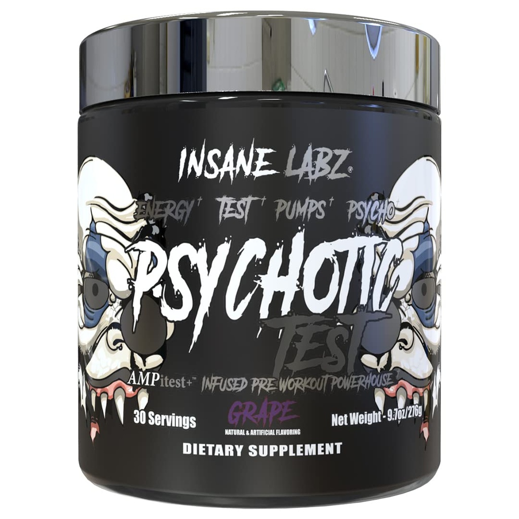 Insane Labz Psychotic Test, High Stim טסטוסטרון Energy and Pump Boosting טרום-Workout אבקה עם DMAE Bitartrate, D Aspartic Acid, Creatine HCL ו- Glycerol Monostearate, 30 משרתים, GrapeE bitartrate, D Aspartic Acid, Creatine HCL ו- Glycerol Monostearate.