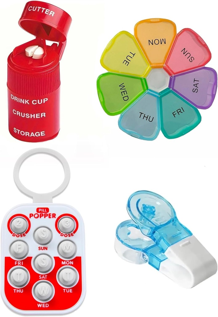 Ultimate Medication Accessories Bundle – Pill Popper Tracker, 4-in-1 Pill Cutter & Grinder, Easy Pill Remover, and Extra-Large Weekly Pill Organizer – Perfect for Seniors & Caregivers