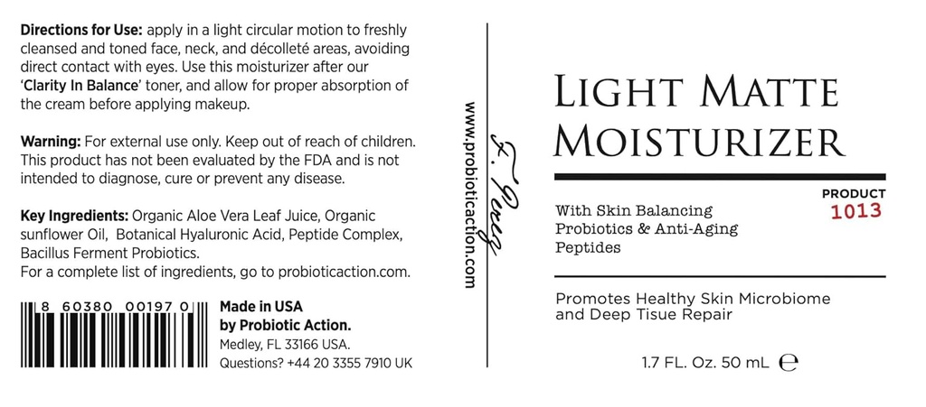 Probiotic Action ® Light Matte Moisturizer - Probiotic Help Prevent Acne, Rosacea ו- Eczema. הפרוביוטיקה ופפטייד שומרים על הזוהר, הרכה והנוקשות של עור בהיר.