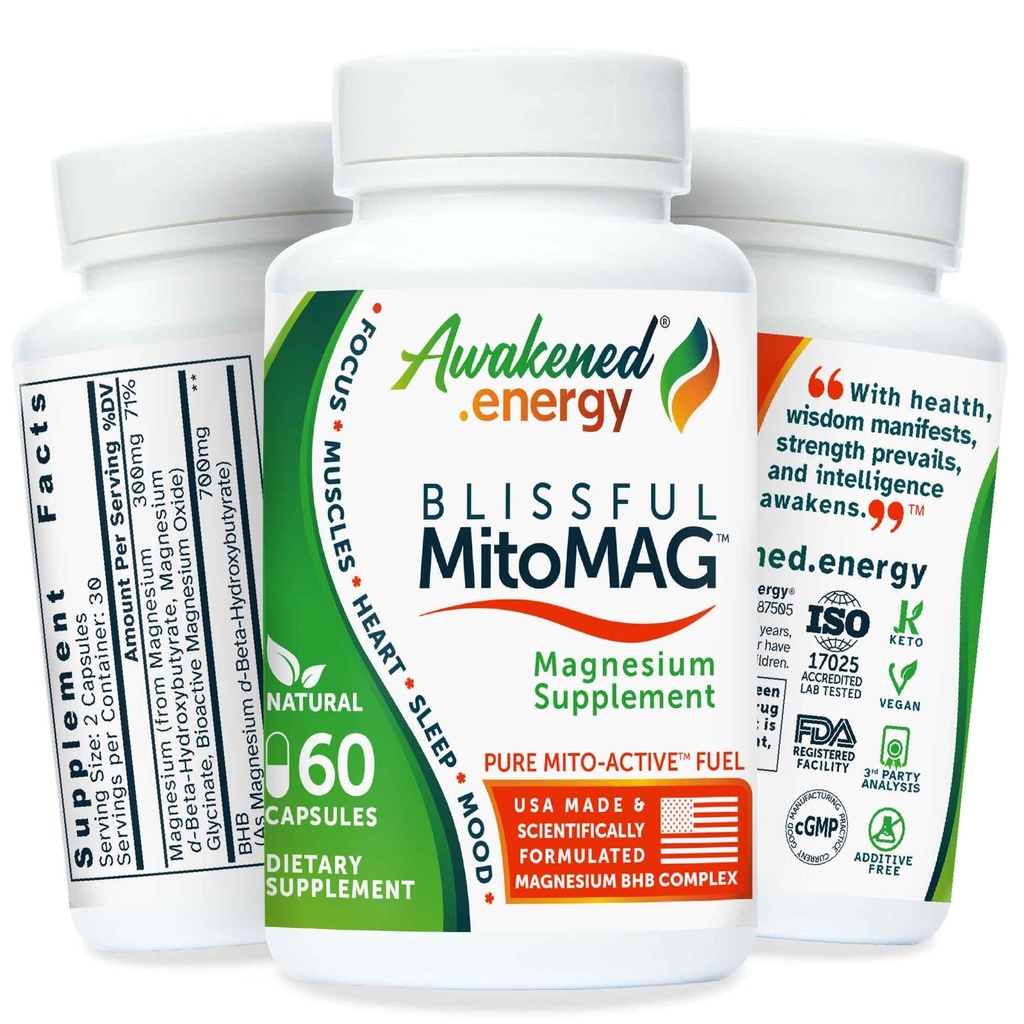 מיטו מג' - 300mg Elemental Magnesium Complex: Mg Glycinate, Mg BHB - שרירי שינה Mood Energy Focus Calm - All Natural, USA Made, No Additives - 60 קפסולות טבעוניות