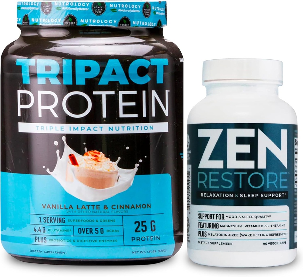 אבקת חלבון Nutrology TRIPACT, 7-in-1 Meal החלפת Shake, Vanilla Latte Cinnamon Flavor (20 משרתים) Zen Natural Magnesium תוסף (30 משרתים)