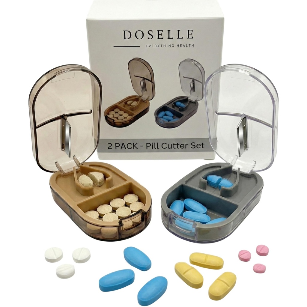 2PCS - Pill Cutter Splitter עם Mini Pill Box - Pill Cutters for Small or Large Pills Professional - 4 Way Pill Splitter 1/4 - Pill Splitter with Centering Device - Gray & Brown