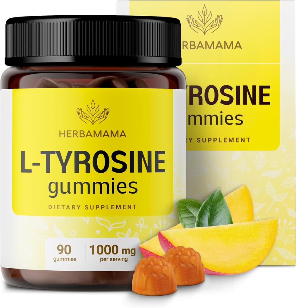 HerBAMAMA L-Tyrosine Gummies - 1000mg L-Tyrosine for Brain Clarity Support - טבעוני, non-GMO אנרגיה ו- Focus תוסף - 90 Pectin מבוסס מנגו-Flavored Chews