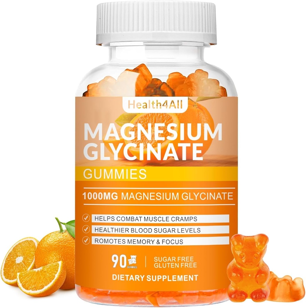 Magnesium Glycinate Gummies 1000 מ"ג, Absorption סוכר חינם Magnesium Potassium תוספת להרגעה, הקלה בלחץ, ותמיכה בשינה למבוגרים & ילדים - 90 תפוזים