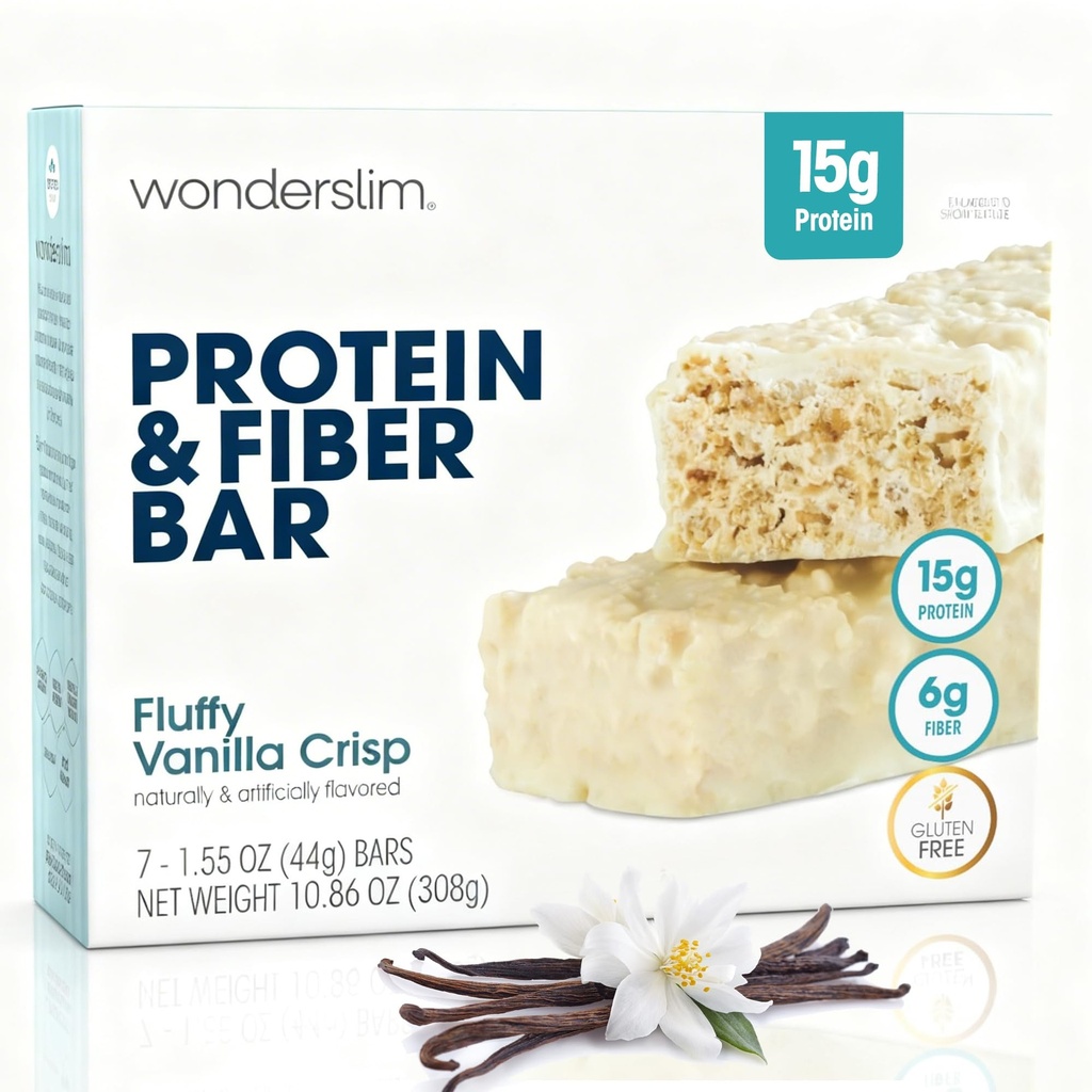 Wonderslim High סיבים חלבונים Bars, Fluffy Vanilla Crisp | 15g חלבון, 6g סיבים | סוכר נמוך, פחמימות נמוכה | בריאות | אינטואיציה | תמיכה, אנרגיה & On-the-Go Convenience, 7 Pack